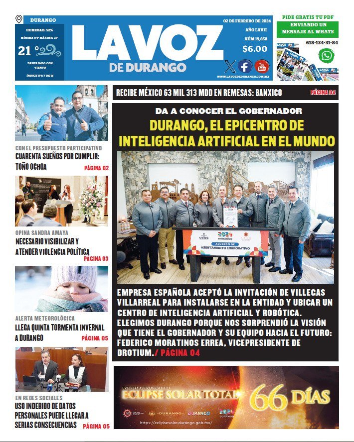Portada La Voz de Durango 02 de febrero de 2024