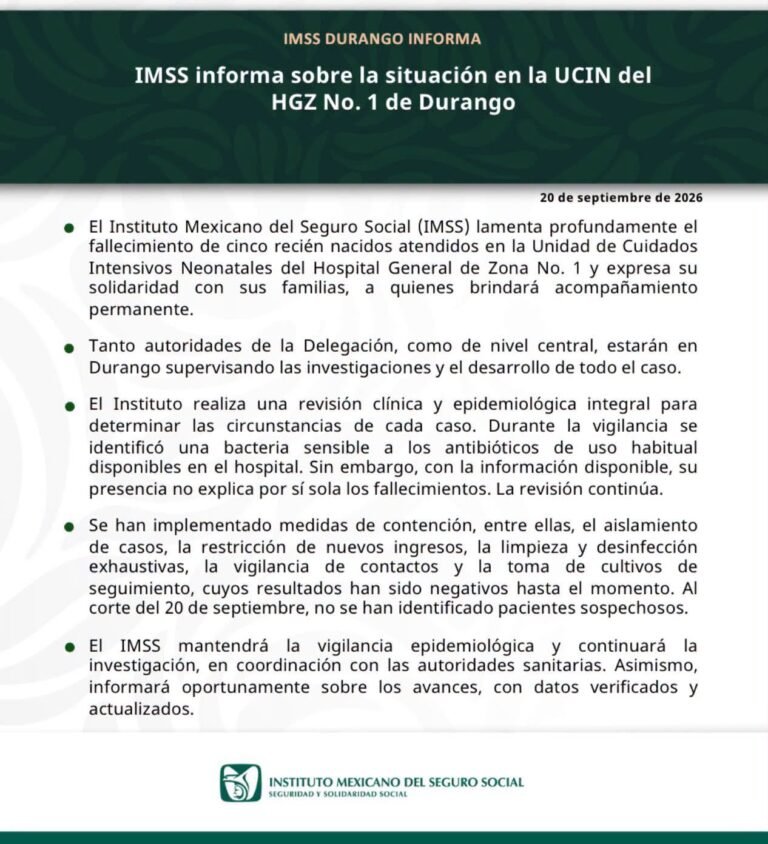 El IMSS investiga la muerte de cinco recién nacidos en el Hospital General de Zona No. 1 de Durango